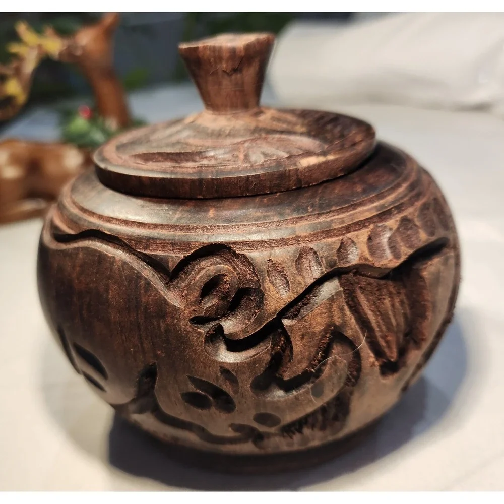 Vintage African Wooden Spice Jar Round Handmade Elephants Approx. 3